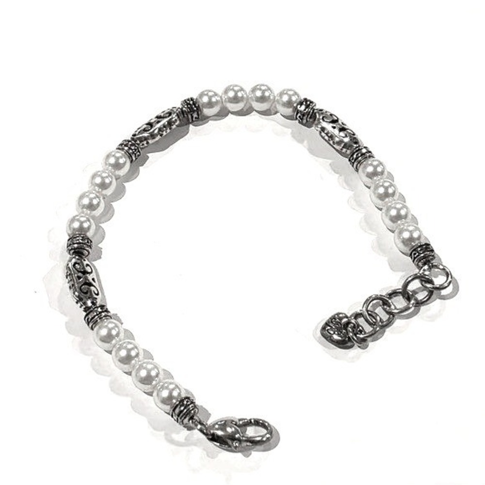 Brighton Lady Jane Faux Pearl and Silver Tone Scroll Bead Heart Charm Bracelet